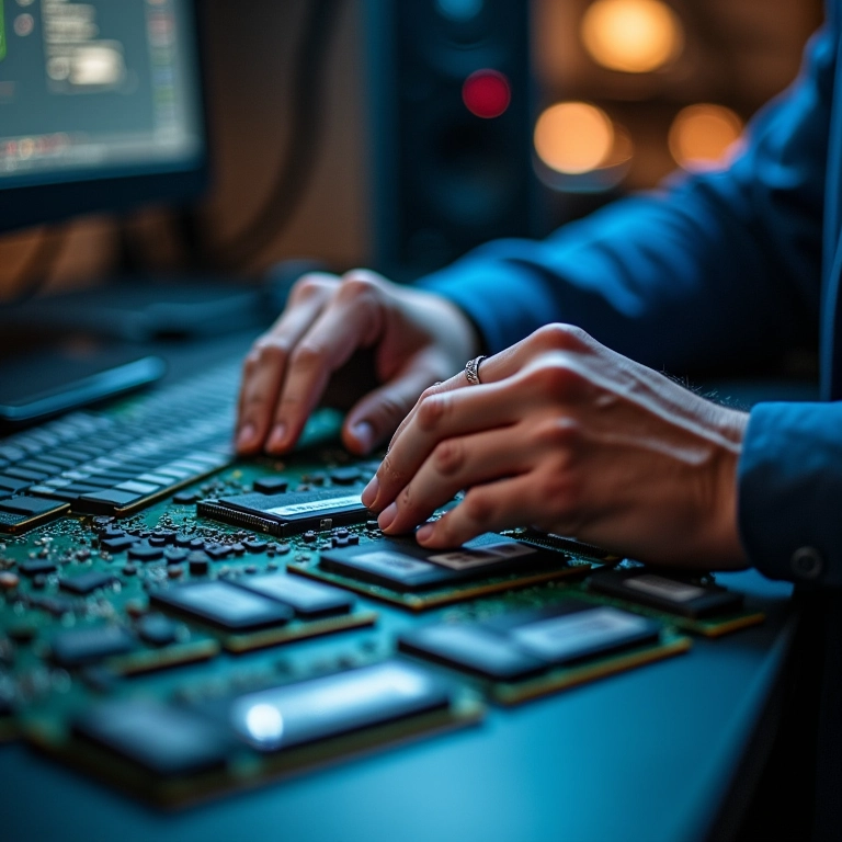 Editor de vídeo trabalhando com módulos de memória RAM, examinando a memória cache.