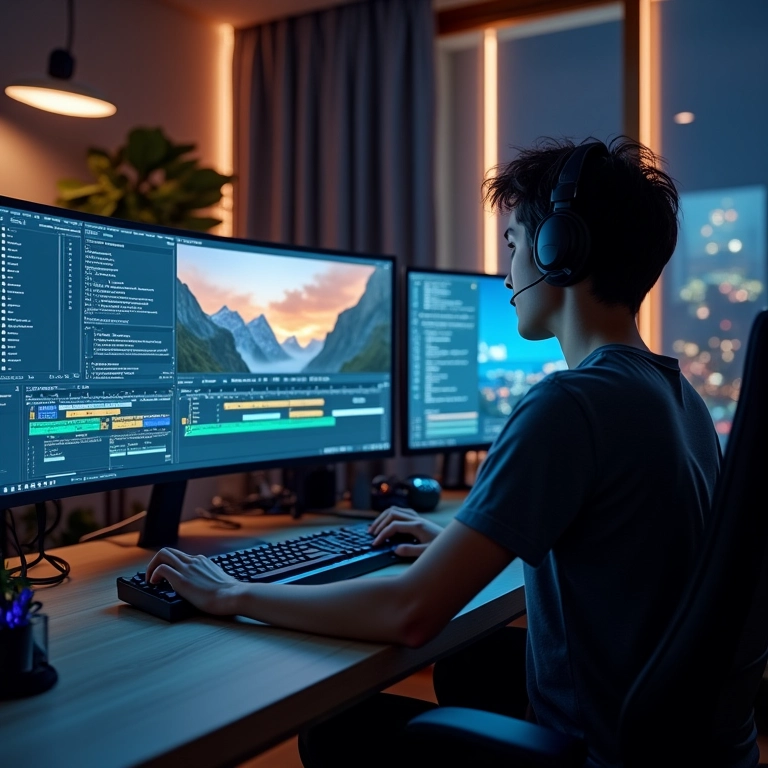 Editor de vídeo trabalhando em um monitor ultrawide.