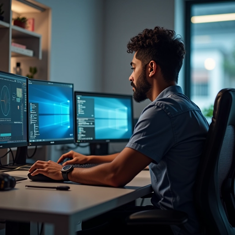 Empresário brasileiro em multitarefas no PC, mostrando a importância da RAM para um fluxo de trabalho eficiente.