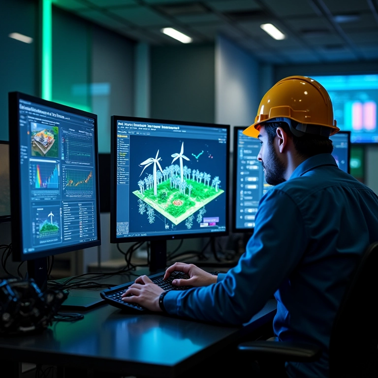 Engenheiros trabalhando em simulação de sistemas de energia renovável.