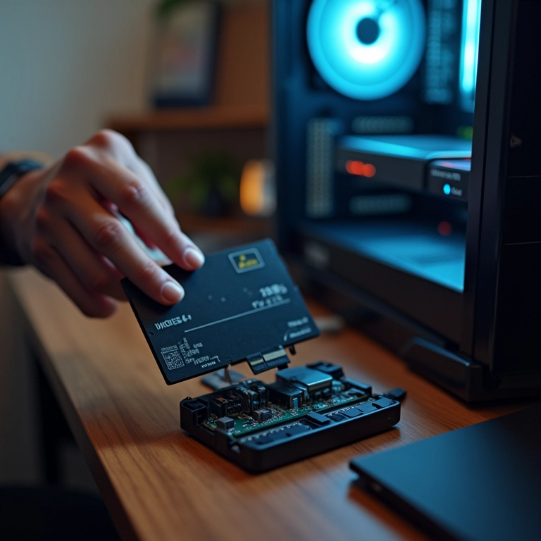 Entusiasta de tecnologia instalando um SSD no PC para um sistema operacional mais rápido.