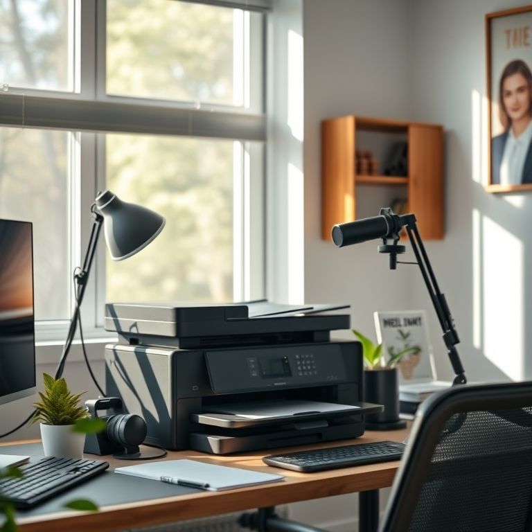 Equipamentos extras para home office: impressora, webcam e microfone.