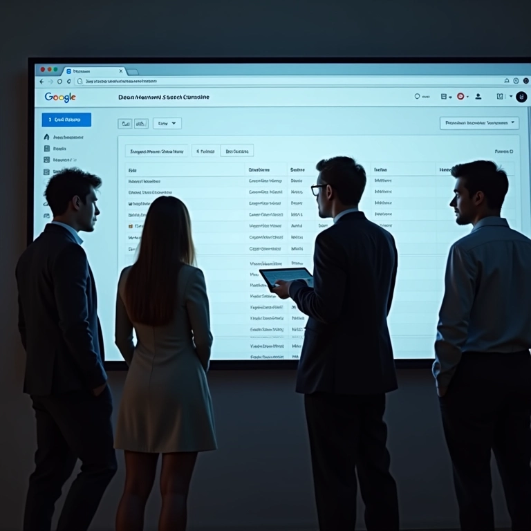 Equipe analisando dados do Google Search Console em um escritório moderno.