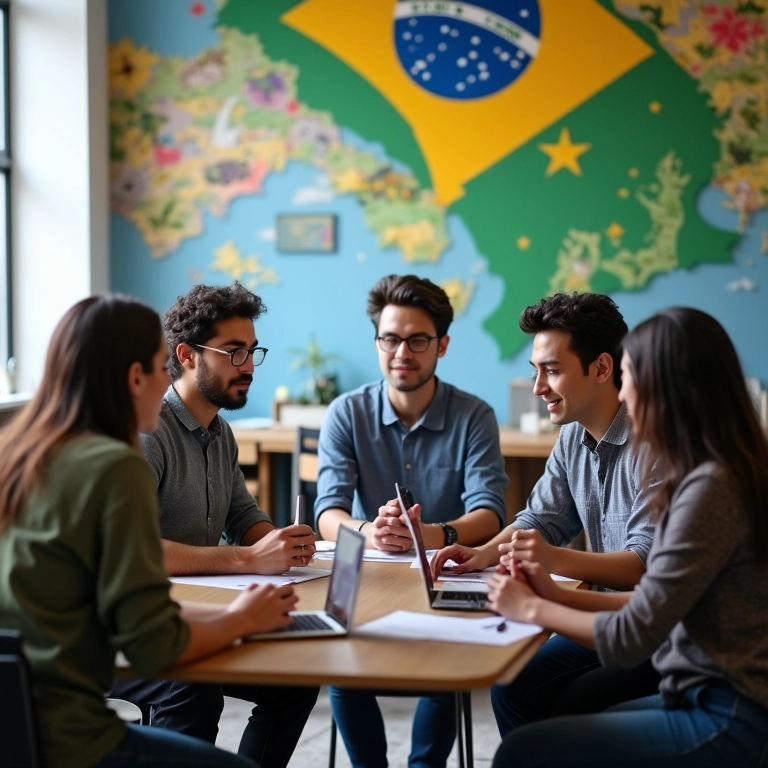 Equipe brasileira trabalhando em soluções Google Cloud em escritório vibrante.