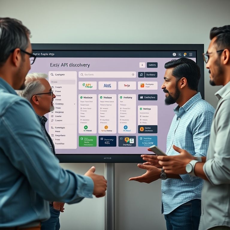 Equipe colaborando em torno de um API Marketplace com fácil descoberta de APIs.