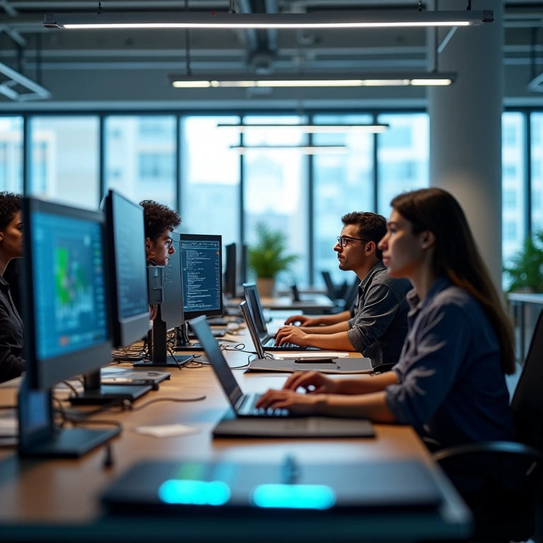 Equipe de data science trabalhando em um escritório moderno com diversos equipamentos de hardware visíveis.