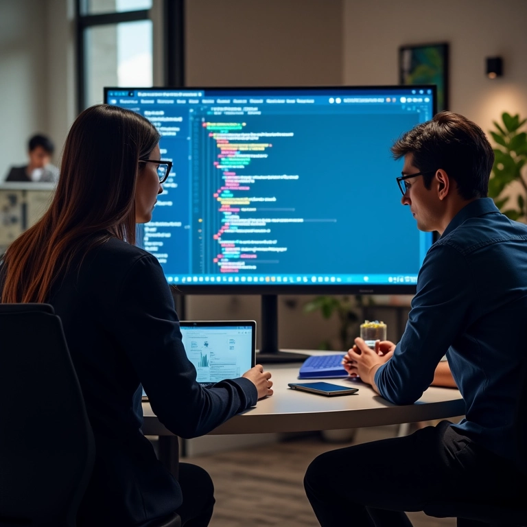 Equipe de desenvolvimento colaborando em código NET MAUI para apps multiplataforma.