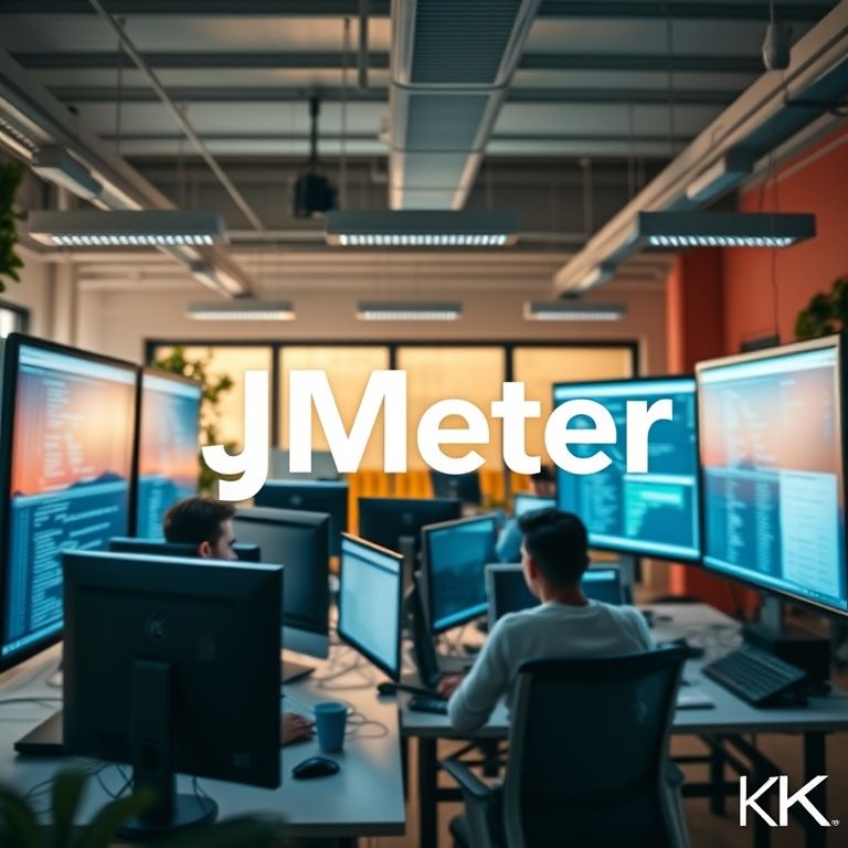 Equipe de desenvolvimento colaborando em testes de performance com JMeter em um escritório vibrante.