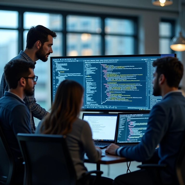 Equipe de engenheiros de software colaborando em código complexo.