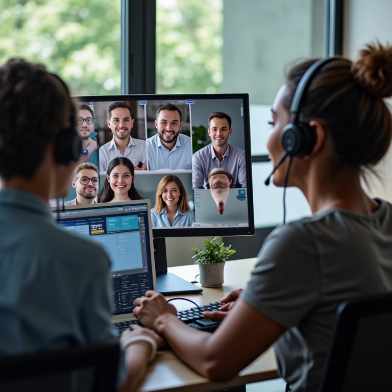 Equipe de suporte técnico auxiliando cliente por videochamada.