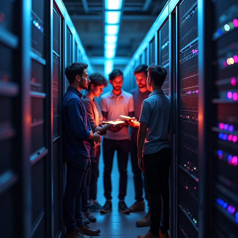 Equipe DevOps colaborando em torno de servidores no Brasil.