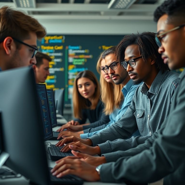 Equipe diversa analisando código em telas, representando transparência e segurança em Open Source.
