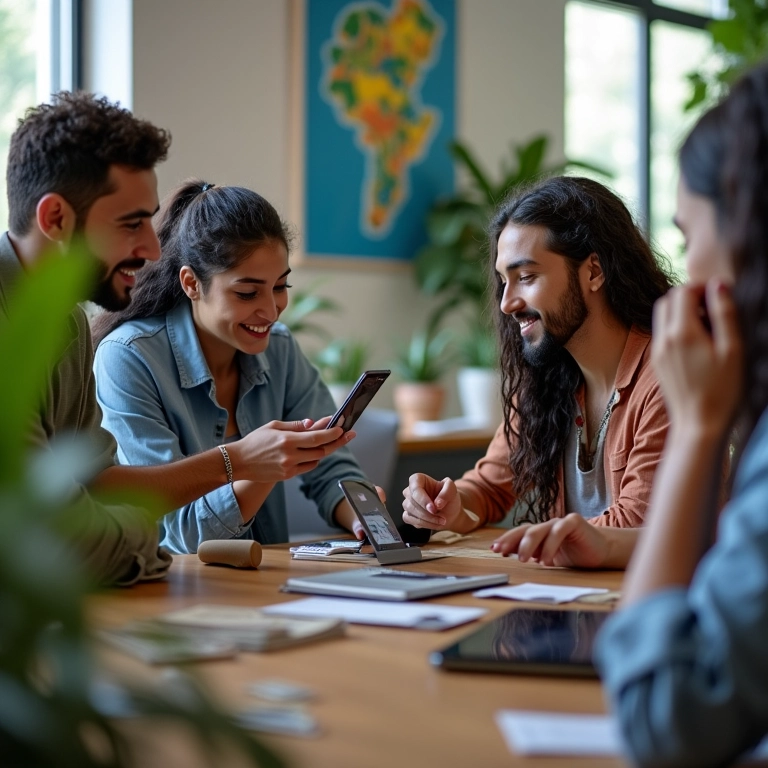 Equipe diversa trabalhando em interface de app NET MAUI em vários dispositivos.