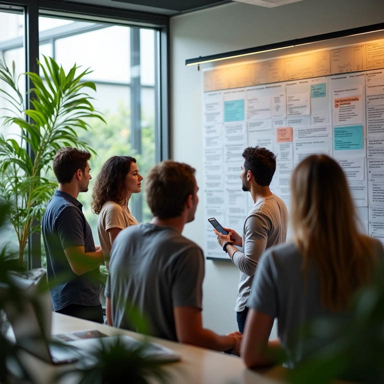 Equipe diversa trabalhando em métodos ágeis Scrum e Kanban.