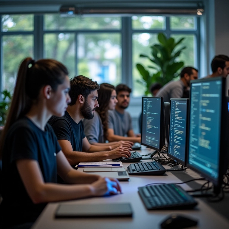 Equipe diversa trabalhando em otimização de código React e Next.js para SEO.