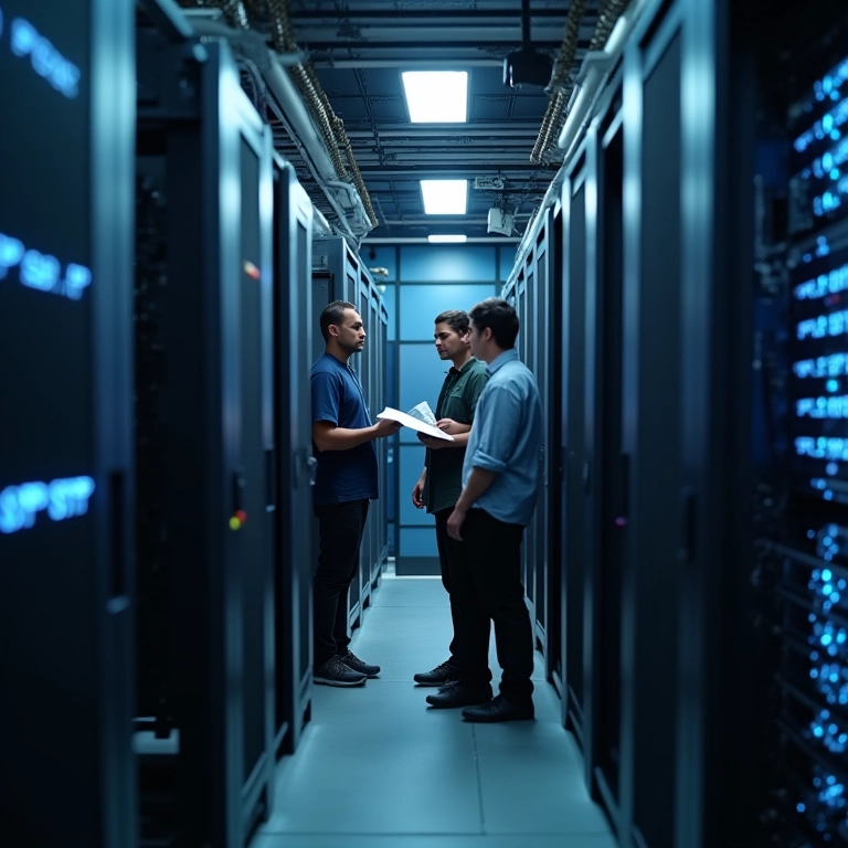 Equipe diversificada analisando mapas de rede em data center.