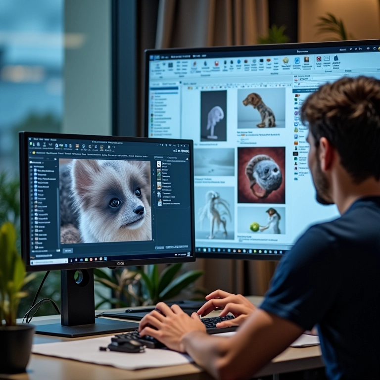 Espaço de trabalho com software de design e pastas de recursos.