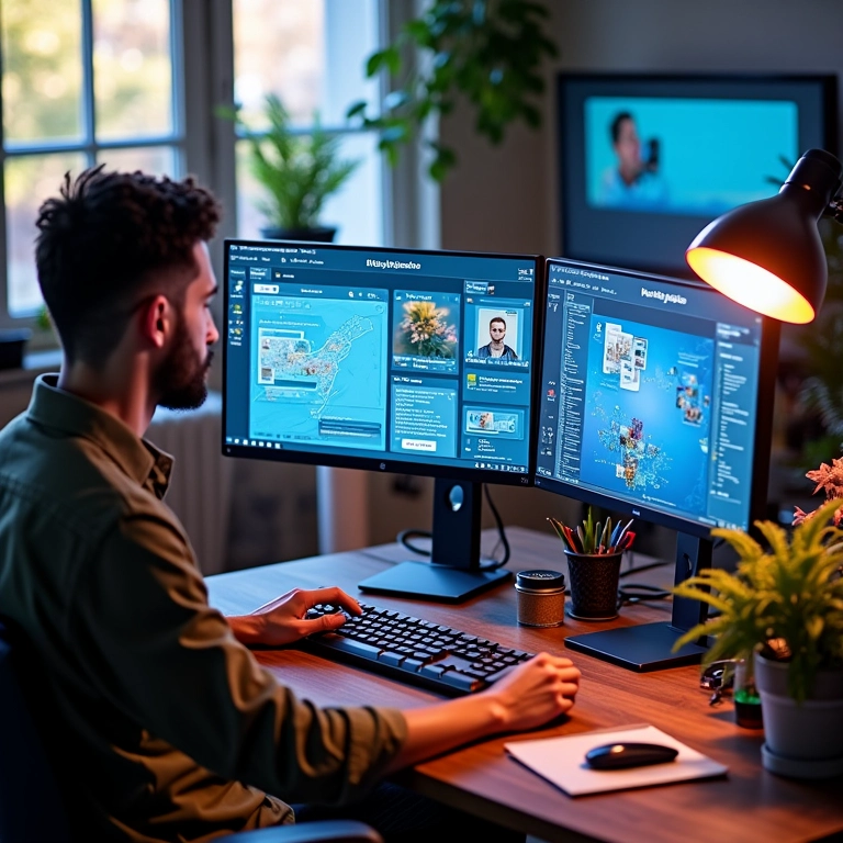 Espaço de trabalho de um designer de UI/UX vibrante com múltiplos monitores exibindo interfaces.