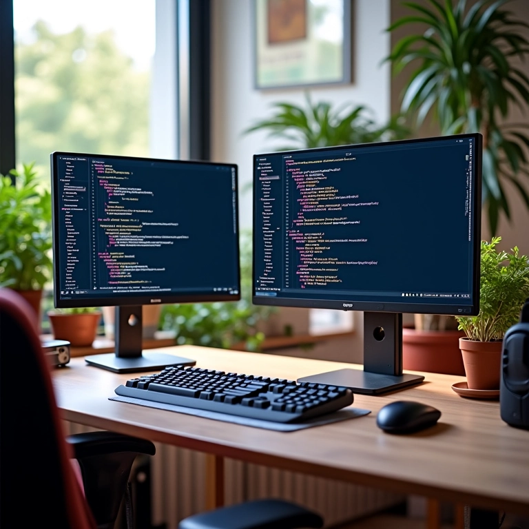 Espaço de trabalho vibrante com setup de PC moderno para desenvolvedor web.
