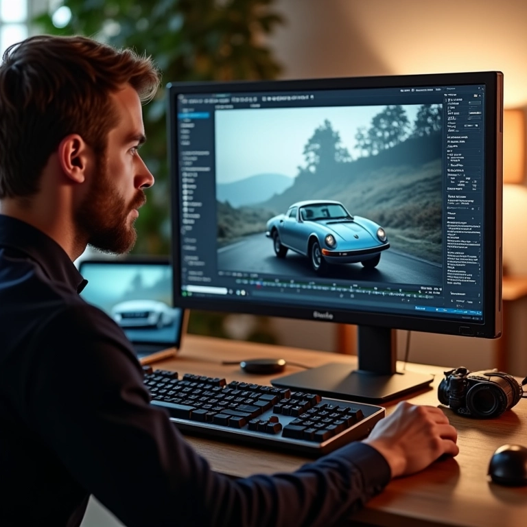 Especialista edita vídeo de carro antigo em computador de alta performance.