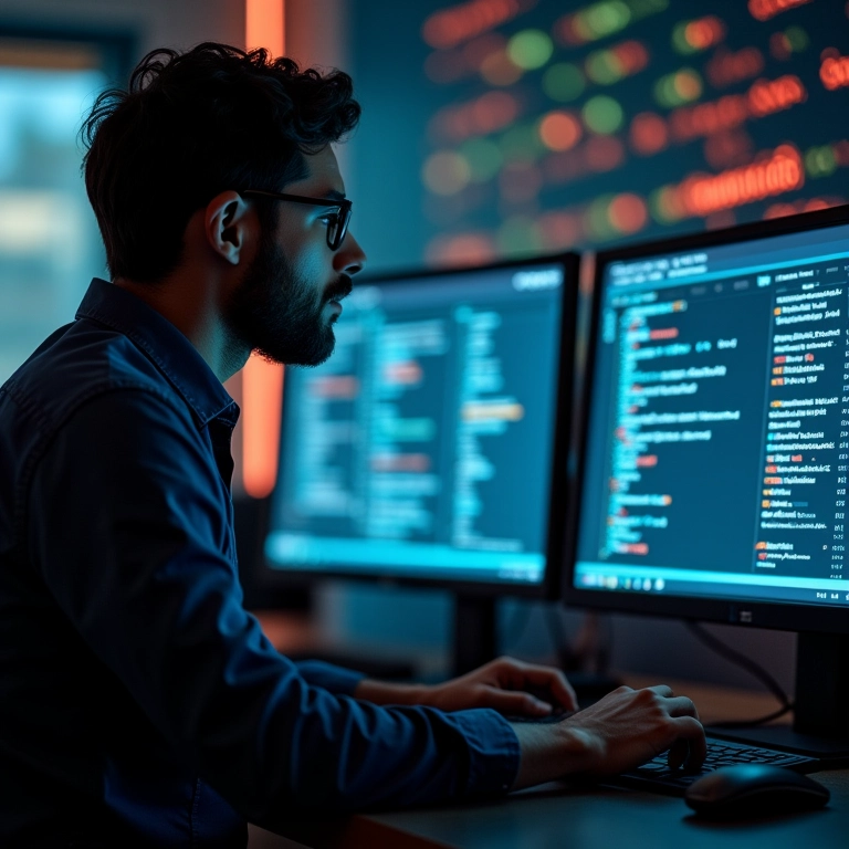 Especialista em cibersegurança conduzindo pentest em ambiente de escritório.