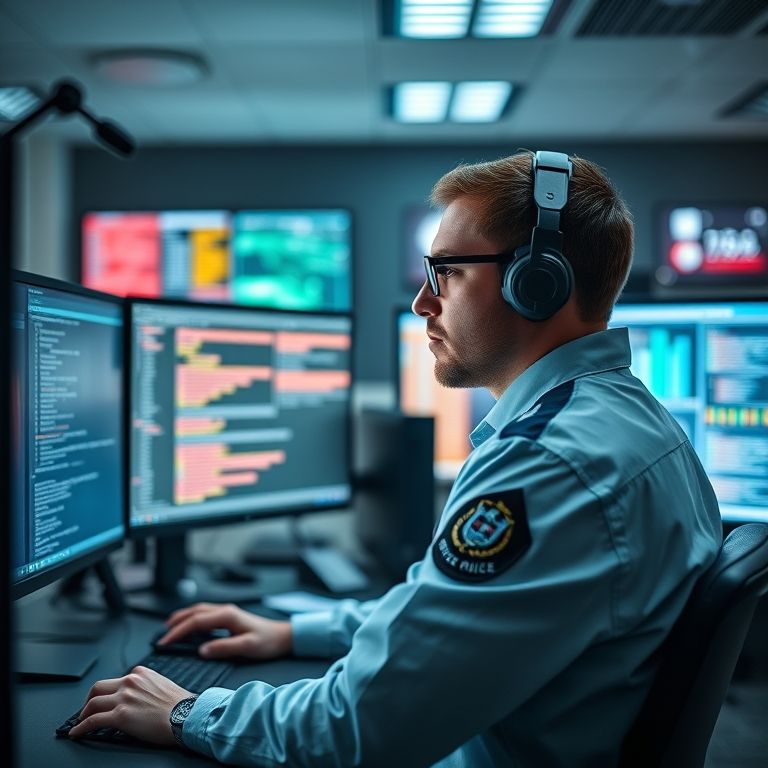 Especialista em segurança cibernética trabalhando em laboratório.