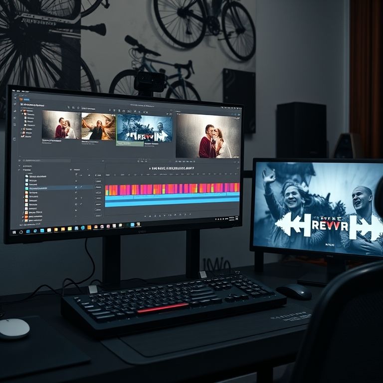 Estação de edição de vídeo com DaVinci Resolve em destaque.