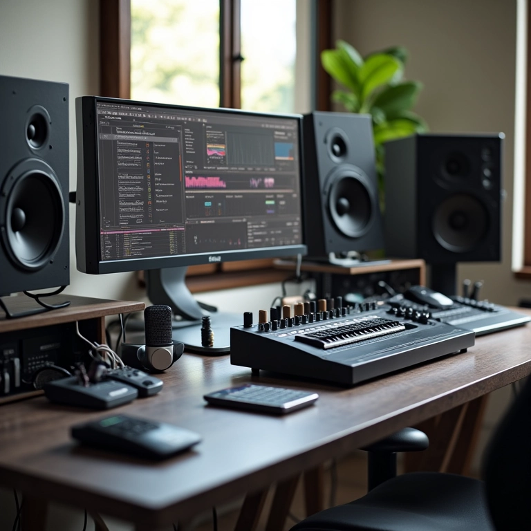 Estúdio de produção musical com equipamentos profissionais.