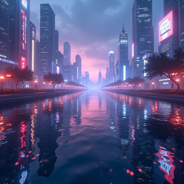 Experiência de jogo imersiva com reflexos realistas em uma cidade futurista com ray tracing.