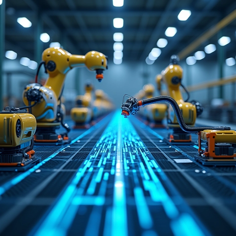 Fábrica automatizada com robôs e sensores conectados via IoT.