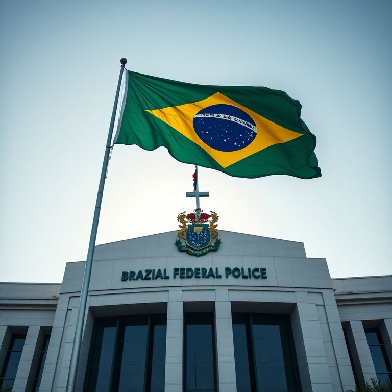 Fachada da Polícia Federal com a bandeira do Brasil.