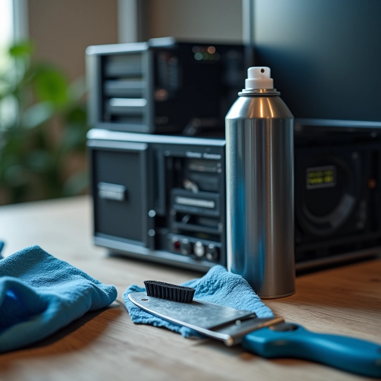 Ferramentas para limpeza de computador: ar comprimido, pincel, pano.