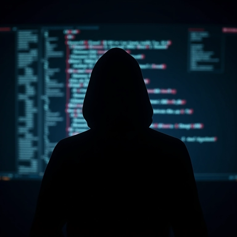 Figura sombria em frente a um computador com código, representando os perigos da Dark Web.