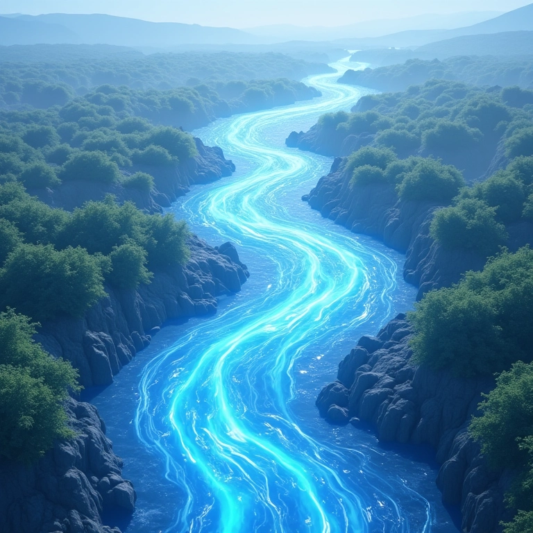 Fluxos de dados convergindo em um rio, ilustrando multiplexing.