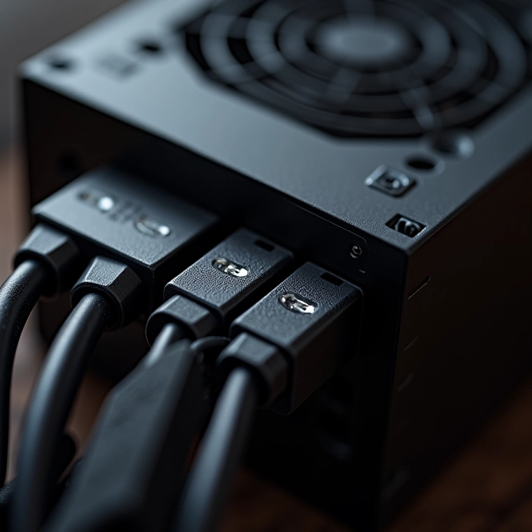 Fonte de alimentação de PC com cabos conectados.