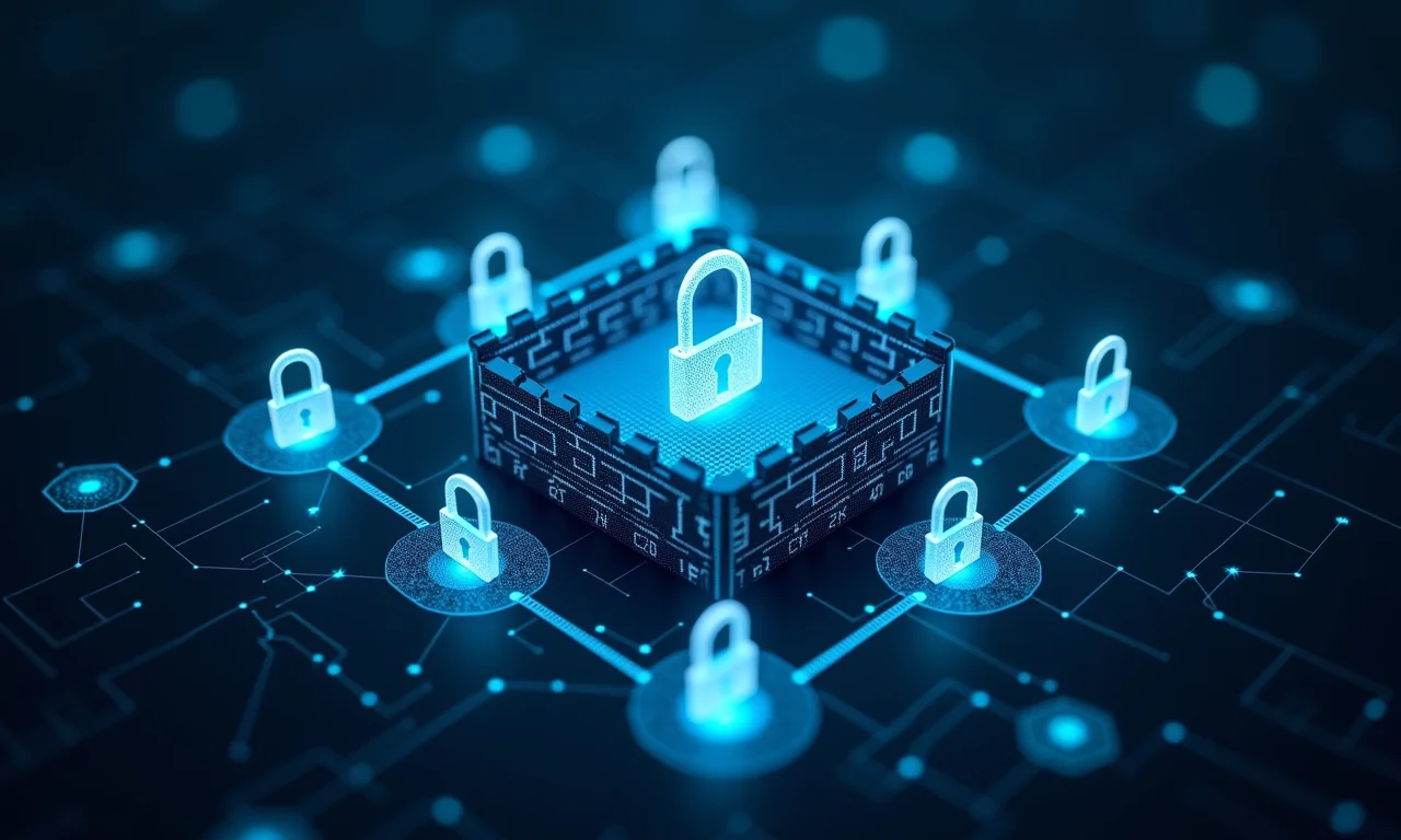 Fortaleza digital protegendo ícones de dados.