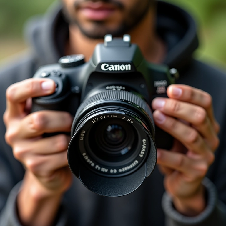 Fotógrafo iniciante ajustando as configurações de sua câmera DSLR.