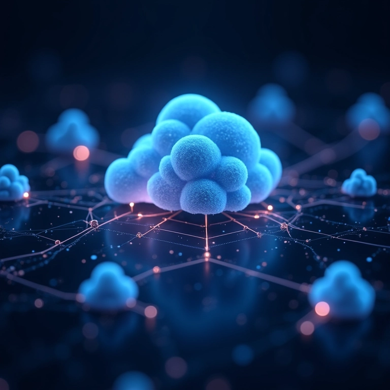 Funções Serverless representadas como orbes conectando serviços.