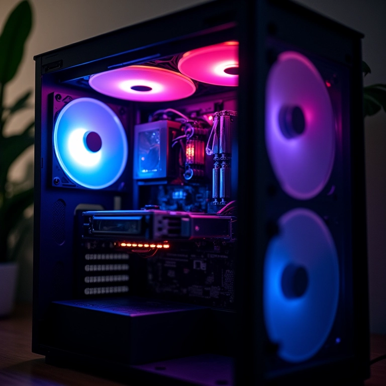 Gabinete de PC com iluminação RGB vibrante e componentes internos visíveis.