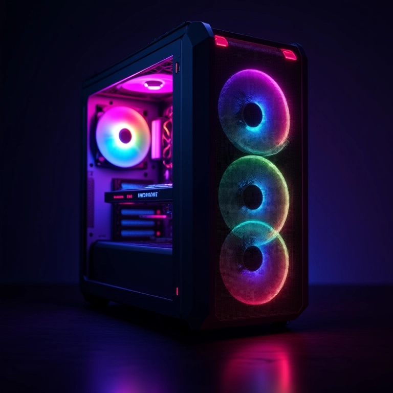 Gabinete gamer de alta performance com a placa de vídeo RTX 4080 Super em destaque.