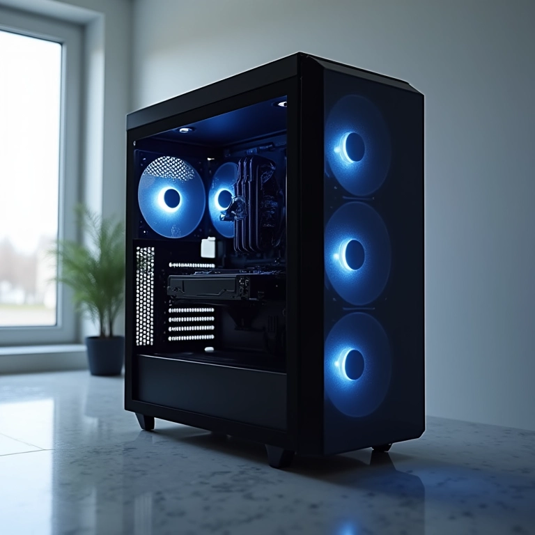 Gabinete minimalista para PC fanless, com fluxo de ar otimizado.