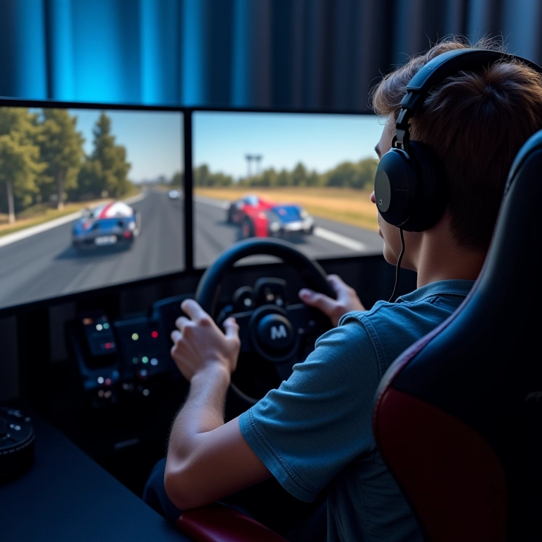 Gamer concentrado jogando jogo de corrida com volante de alta performance.