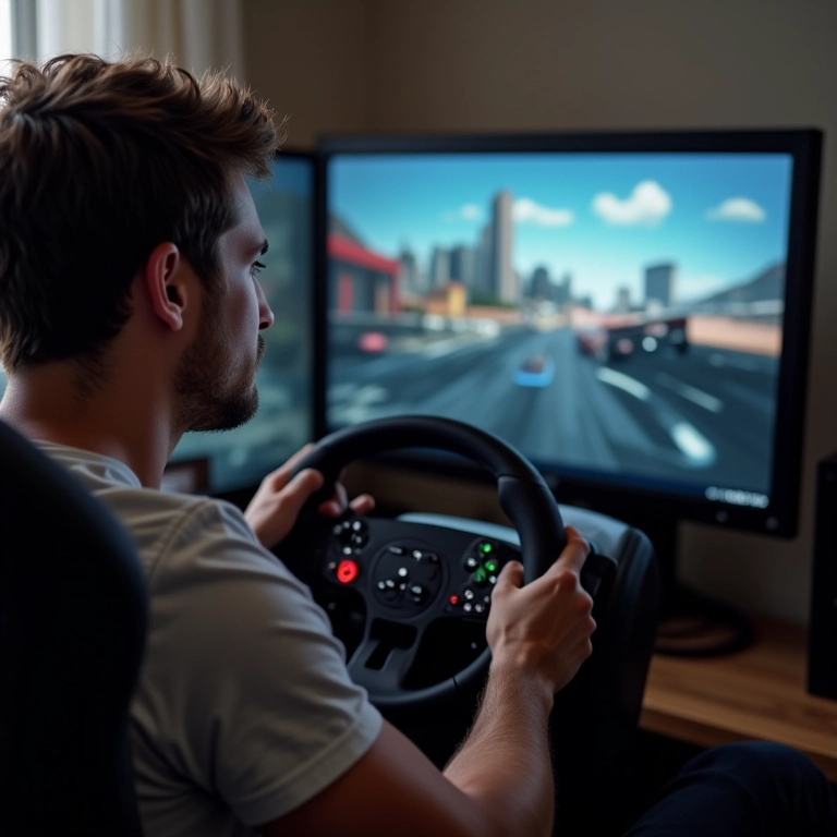 Gamer configurando volante de corrida no PC.