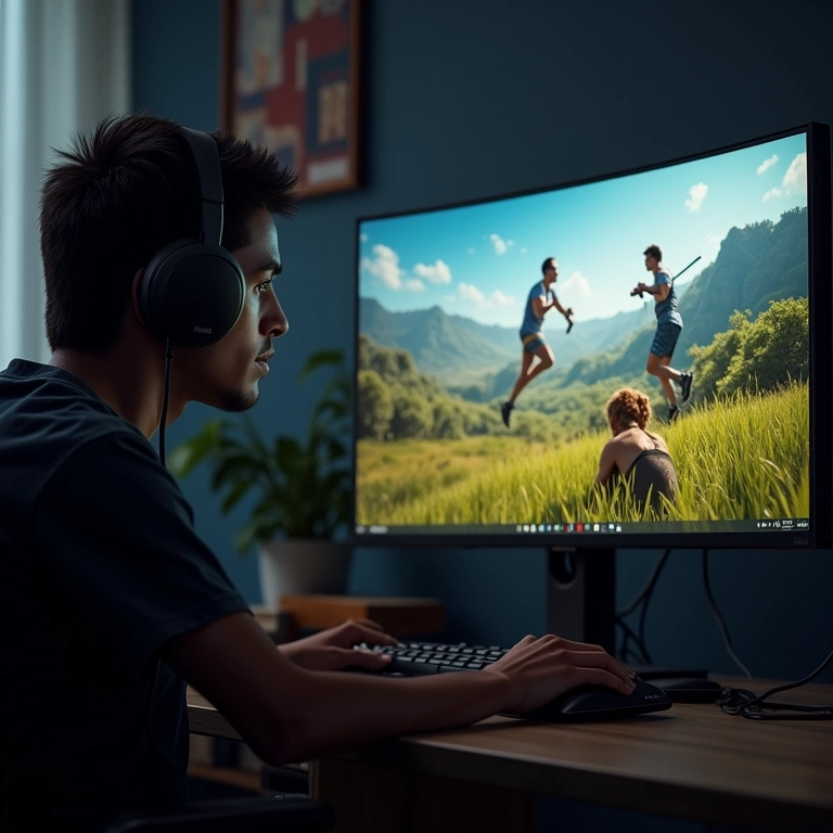 Gamer jogando com monitor de alta taxa de atualização e conexão DisplayPort.