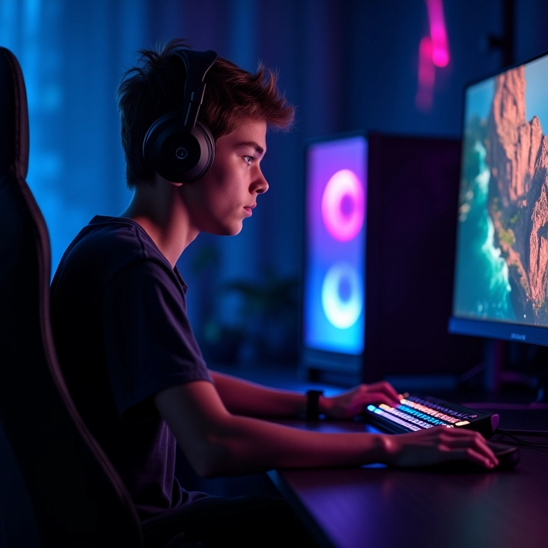 Gamer jogando em PC de alta performance com monitor de 144Hz.