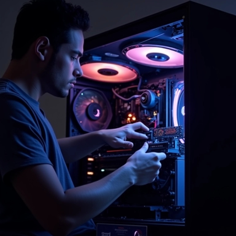 Gamer montando PC modular com placa de vídeo de alta performance e iluminação RGB.
