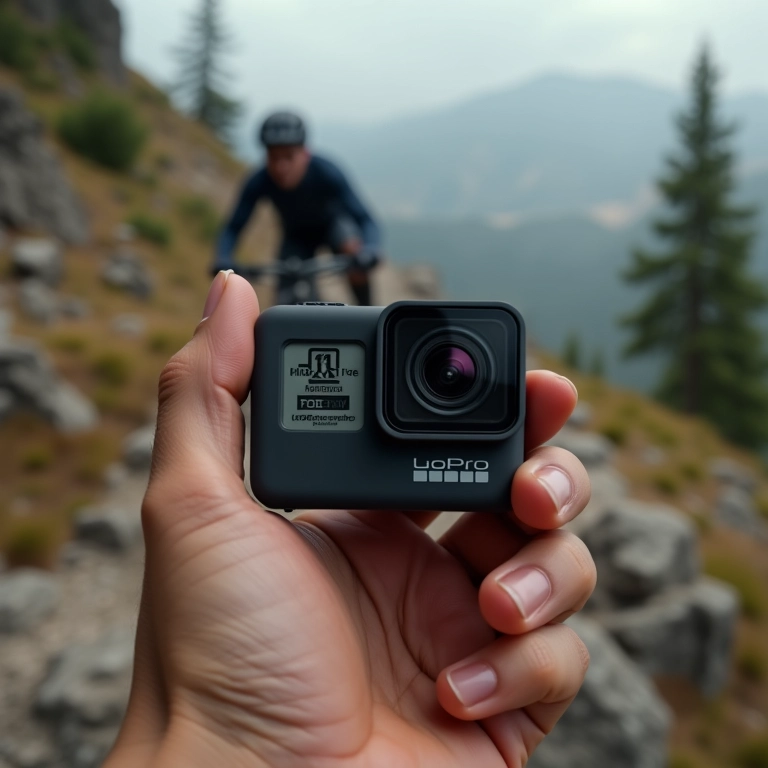 GoPro Hero 14 Black com HyperSmooth 7.0 filmando ciclista em trilha de montanha.