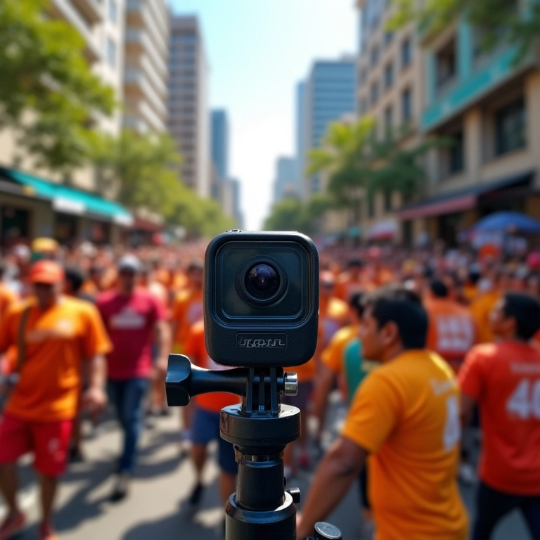 GoPro Hero 14 Black filmando desfile de Carnaval no Rio de Janeiro.
