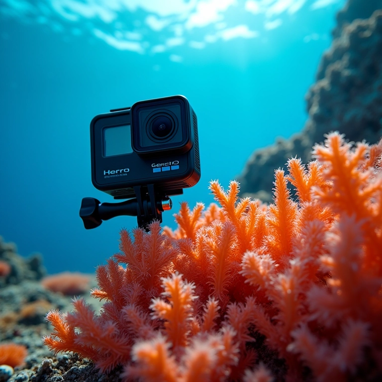 GoPro Hero 14 Black gravando imagens 4K de um vibrante recife de coral subaquático.