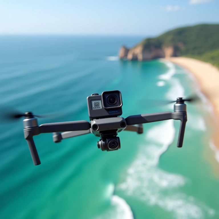 GoPro Hero 14 Black montada em drone filmando praia brasileira.